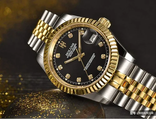Vista 4 de Reloj de oro completo para hombre, reloj automático, mecánico, de acero dorado, de cuerda automática y cristal de zafiro, resistente al agua