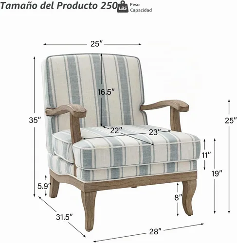 Vista 2 de HULALA HOME Silla decorativa a rayas de granja con patas de madera maciza Azul