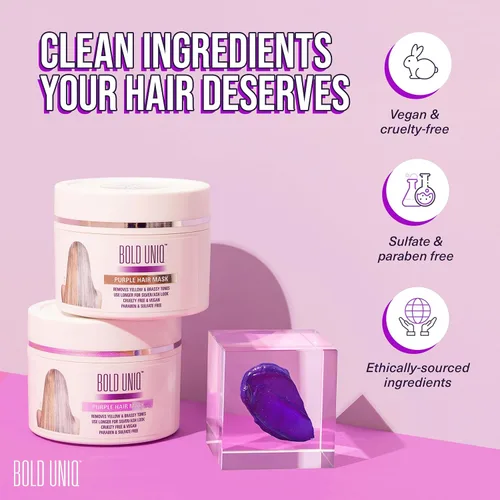 Vista 6 de Bold Uniq Mascarilla morada para el cabello rubio, platino, decolorado, plateado, gris, ceniza y cobrizo. Elimina los tonos amarillos y acondiciona