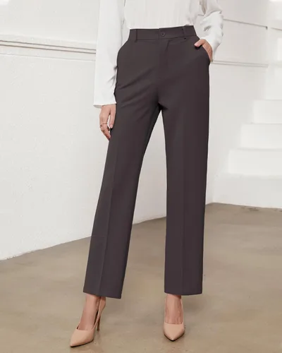 Vista 2 de GRAPENT Pantalones para mujer de trabajo de cintura alta, pantalones de vestir casuales de negocios, ajuste relajado, pierna recta, cintura elástica