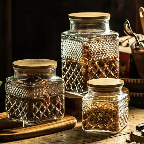 Vista 5 de Recipientes de vidrio para alimentos con tapas herméticas de bambú para dulces, aperitivos, café, galletas, frascos de vidrio, recipientes