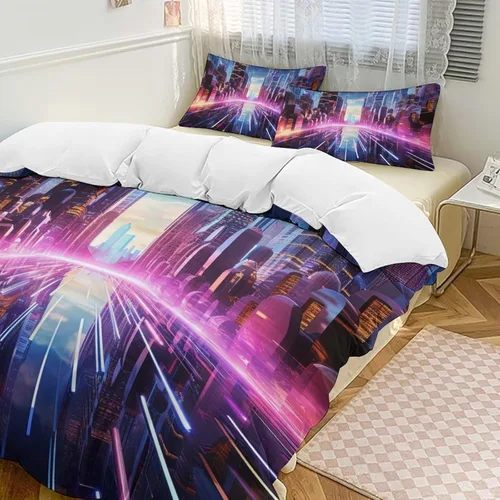 Vista 17 de Art Duvet Cover Full Size, Ultra Soft Microfiber Night Scenery Bedding Set, 3 Pieces City View Pattern Comforter Cover Set with Zipper Closure