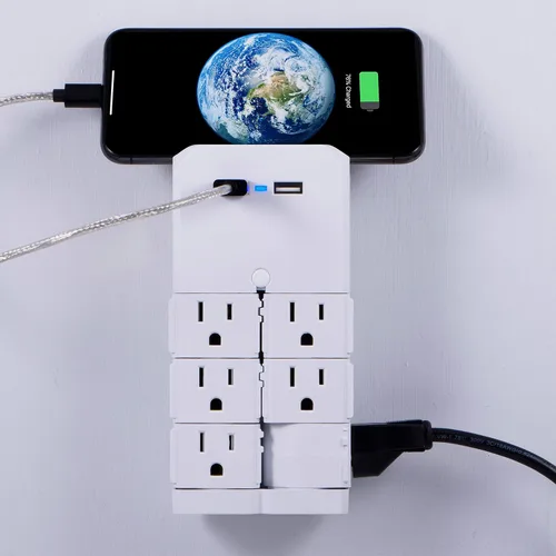 Vista 7 de GE - Extensor de 6 tomas con salidas giratorias, 2 puertos USB, enchufe de pared con toma de tierra, estante para dispositivos incorporado