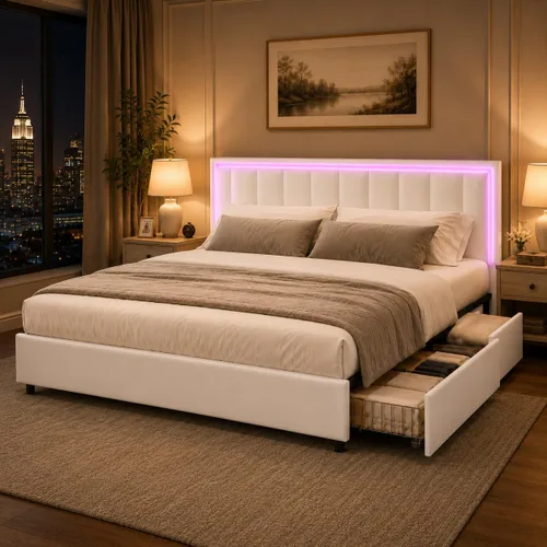 Vista 13 de Base de cama tamaño Queen con 4 cajones de almacenamiento, base de cama tapizada Queen con cabecero, luces LED RGB, base de metal resistente y Blanco