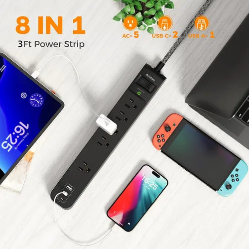 Vista 2 de Paquete de 2 Regletas Cortas con Protector de Sobretensiones - Addtam Regleta USB C, Cable de Extensión Plano de 3 pies con 5 Enchufes Ampliamente