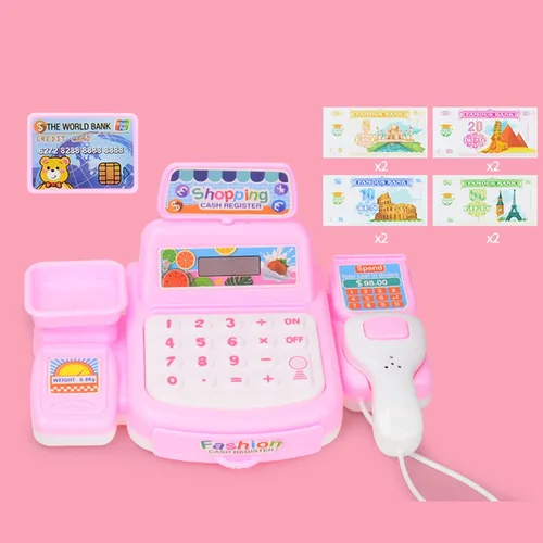 Vista 8 de Caja registradora de juguete para niños, caja registradora interactiva de plástico para padres e hijos, regalo para niños y niñas, color rosa