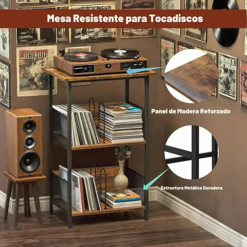 Vista 8 de Soporte para tocadiscos, soporte para discos de vinilo de 3 niveles, soporte giratorio con 2 separadores y 4 pies ajustables, mesa para tocadiscos