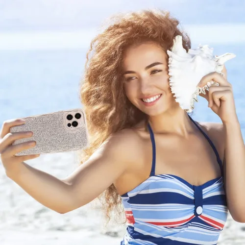 Vista 8 de Funda compatible con iPhone 12 Pro Max, transparente, con diamantes de imitación brillantes, protección a prueba de golpes, brillo premium, blanco