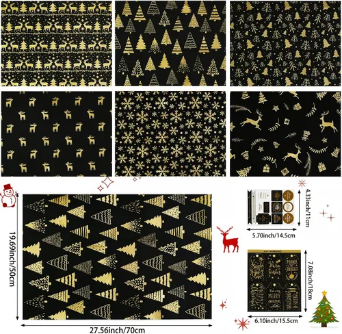 Vista 5 de MAMUNU - Papel de regalo de Navidad, 6 hojas de papel de regalo de lámina metálica negro y dorado, papel de regalo con diseño de copo de nieve