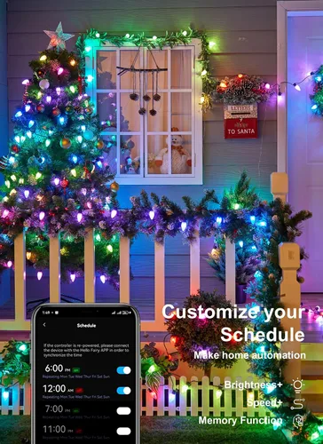 Vista 4 de Brightown Luces LED de Navidad C9 para exteriores, 100 LED RGB inteligentes para árbol de Navidad, sincronización de música, control por aplicación