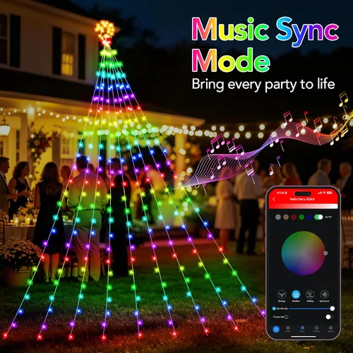 Vista 4 de Luces de Cascada de Navidad RGB Inteligentes de 16.4 Pies con Estrella, APP y Control Remoto, Espectáculo de Luz Personalizado DIY y Sincronización
