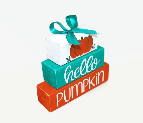 Vista 3 de Pumpkin Hello Autumn WoodenBlock Shelf Sitter Stack Fall Tiered Tray Office Mantel Desktop Gift Sign