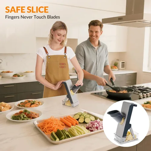 Vista 3 de Cortador de mandolina seguro para cocina, cortador de verduras multifuncional FEICO picador de mandolina para verduras y papas vegetales