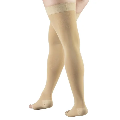 Vista 6 de Truform - Medias de compresión 20-30 mmHg para hombres y mujeres, longitud hasta el muslo, parte superior con lunares, punta abierta, color beige