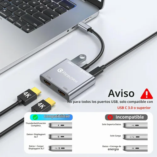 Vista 6 de Adaptador USB C a HDMI dual Divisor HDMI de 4K a 60Hz Pantalla extendida para monitores duales, adaptador multimonitor con USB y PD de 100 W