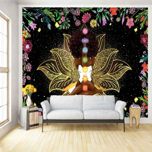 Vista 12 de Ine Ive Tapiz de chakra africano, mujer afroamericana, tapices de meditación zen, 40 x 30 pulgadas, cielo estrellado, flores, jardín, inspirador
