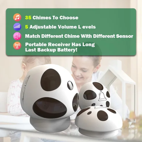 Vista 5 de HTZSAFE Timbre inalámbrico, lo suficientemente fuerte, 5 niveles de volumen, 35 campanillas, cobertura de rango de 1300 pies, flash LED, receptor