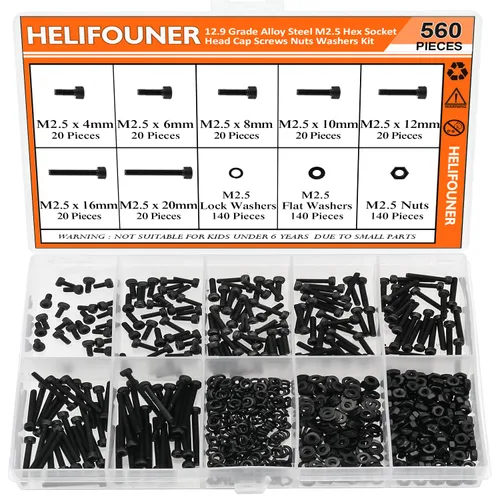 Vista 18 de HELIFOUNER 560 Piezas M2 x 4 mm / 6 mm / 8 mm / 10 mm / 12 mm / 16 mm / 20 mm, Kit de Tornillos de Cabeza de Botón con Arandelas y Tuercas, Acero