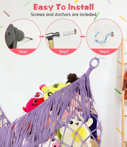 Vista 6 de Hamaca extra grande de red para animales de peluche – [56 pulgadas de largo/macramé tejido a mano/lavanda] Hamaca de almacenamiento para pared