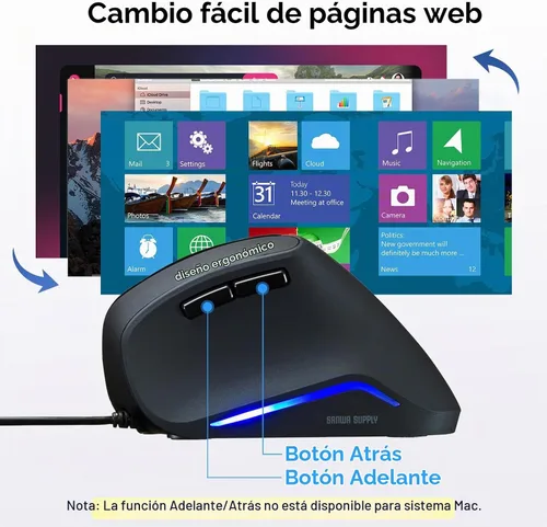 Vista 4 de SANWA Ratón ergonómico con cable, mouse vertical USB para computadora, ángulo natural de 55°, alivio de tensión de muñeca, 1000/1600 DPI, 5 botones