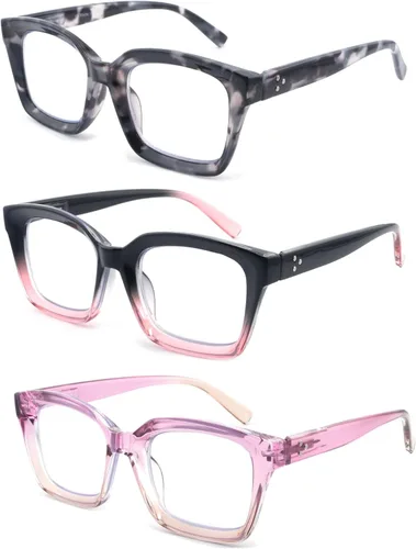 Vista 2 de HIYANJN 3 Pack Progressive Multifocal Reading Glasses for Women Men Square style Blue Light Blocking Spring Hinger Readers