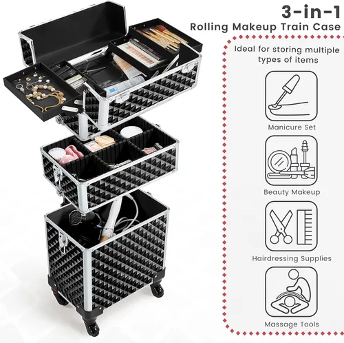 Vista 4 de Yaheetech Estuche de tren de maquillaje rodante 3 en 1, organizador de gran capacidad con ruedas giratorias, carrito cosmético para llaves para Negro