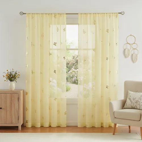 Vista 9 de Jubilantex Paneles de cortinas transparentes de mariposas negras y doradas de 52 pulgadas de ancho para dormitorio de niñas, elegantes cortinas