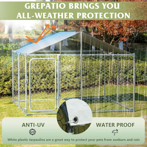 Vista 2 de Grepatio Perrera exterior para perros con carcasa impermeable para perros grande, jaula de acero galvanizado con bloqueo seguro