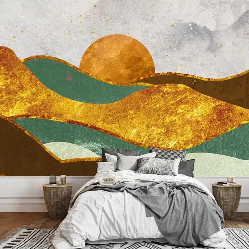 Vista 32 de SIGNFORD Adhesivo mural removible para pared, mármol de granito, ondas doradas, cordillera, sol, naturaleza, desierto, ilustraciones, arte rústico