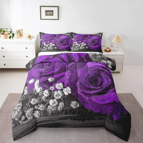 Vista 24 de Juego de edredón de rosas rojas, tamaño individual, juego de ropa de cama floral rojo degradado negro para niñas, mujeres, niños, adolescentes