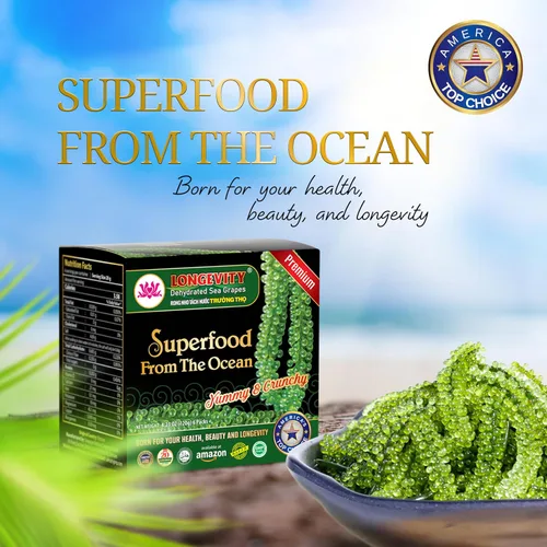Vista 2 de LONGEVITY Uvas marinas deshidratadas, 1.4 onzas de (Paquete de 2), Caviar verde Umibudo, alga marina lato Mejora la salud, aumenta el sistema