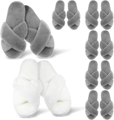 Vista 11 de JenPen 7 pares de pantuflas peludas para damas de honor con banda cruzada Blanco