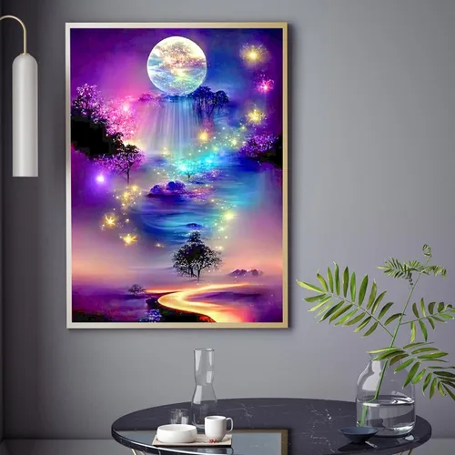 Vista 3 de Kits de arte de diamantes para adultos, kits de pintura de diamantes de paisaje lunar para principiantes, kits de arte de gemas de puntos