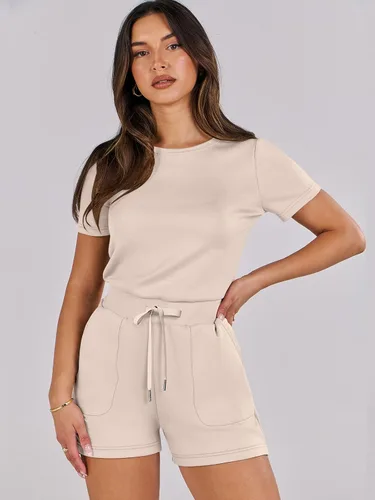 Vista 2 de ANRABESS Enterizo de verano para mujer, cuello redondo, casual, holgado, manga corta, de una pieza, con bolsillos