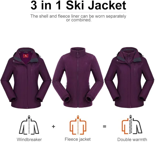Vista 2 de CAMEL CROWN - Chaqueta de esquí para mujer, impermeable, 3 en 1, chaqueta de invierno resistente al viento, forro polar cálido, con capucha