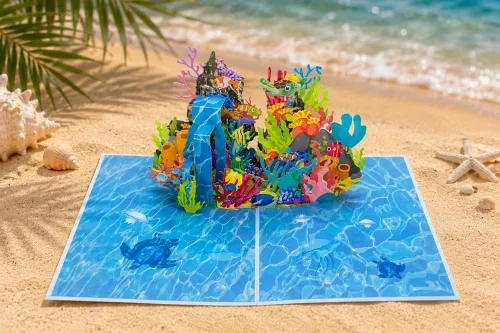 Vista 4 de ETA Tarjeta desplegable 3D Ocean World, tarjeta de cumpleaños de arrecifes de coral para entusiastas del buceo, regalo del día del padre, H08