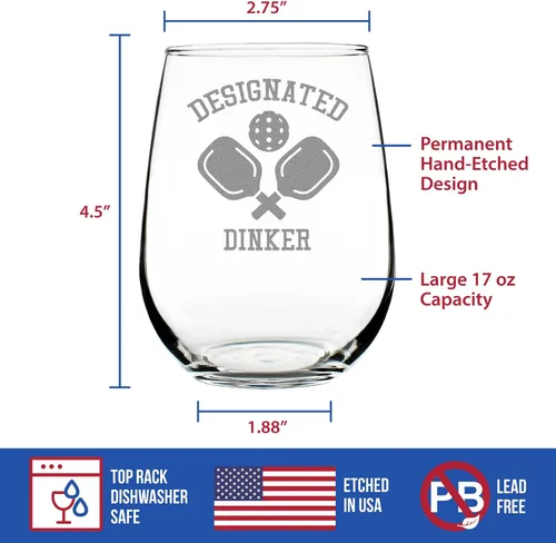 Vista 4 de Dinker designado personalizado – Copa de vino sin tallo personalizada – Regalos y decoración de pickleball divertidos – Grande 17 onzas – Regalo