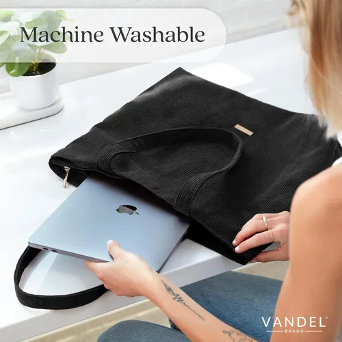 Vista 6 de VANDEL Bolso tote de pana para mujeres y hombres con cremallera y bolsillos interiores. Bolso tote con cremallera, bonita bolsa estética