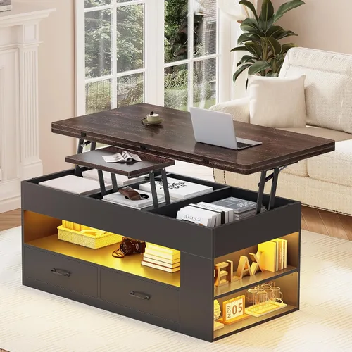 Vista 2 de Itaar - Mesa auxiliar con tapa elevable, mesa de centro 4 en 1 con almacenamiento y compartimento oculto, mesa de centro de estilo granja con 2