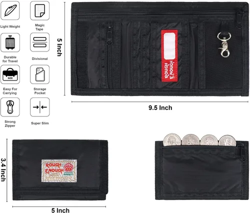 Vista 6 de Rough Enough - Cartera para niños con cordón para el cuello con cremallera, monedero y tarjetero color negro