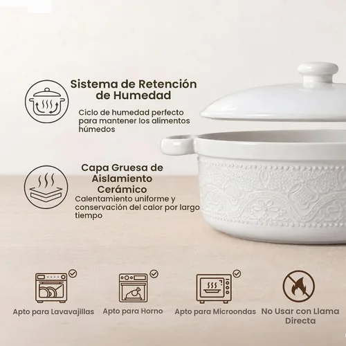 Vista 5 de FUN ELEMENTS - Cazuela, 2 cuartos de galón, plato con relieve de encaje con tapa, de cerámica para ir del horno a la mesa, asas redondas para servir