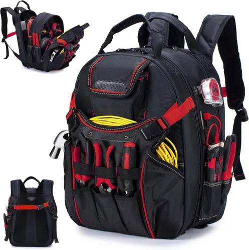 Vista 7 de Mochila de herramientas resistente con 52 bolsillos, bolsa de herramientas para hombres, bolsas impermeables para electricista con compartimento