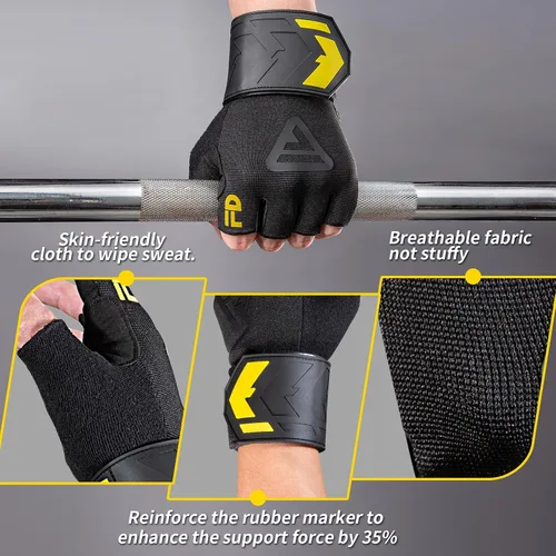 Vista 4 de Guantes de levantamiento de pesas para hombres y mujeres, con almohadillas de cojín y agarre de silicona, guantes de entrenamiento con soporte