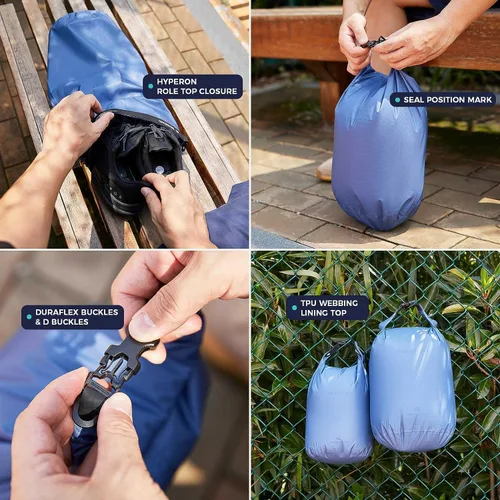 Vista 8 de Bee Nesting Juego de bolsas secas ultraligeras para mochileros, saco seco impermeable para camping, senderismo, motocicleta, saco de cosas ligeras