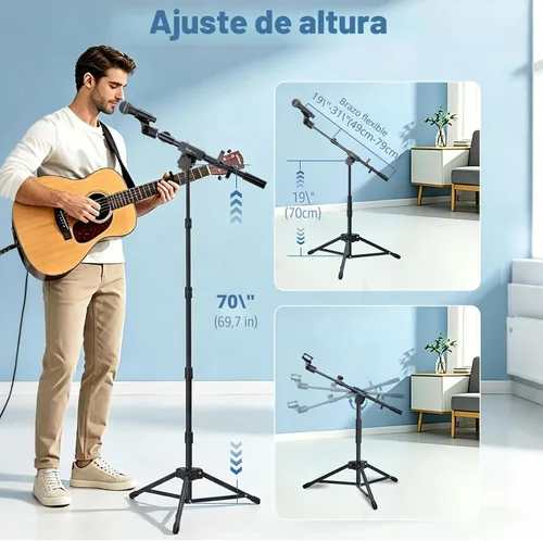 Vista 6 de GUITTO Soporte de piso para micrófono con soporte para teléfono/tableta, soporte de micrófono ajustable con base resistente, soporte de doble