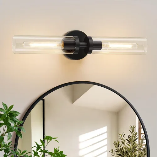 Vista 24 de Indoi Apliques de pared de níquel cepillado, apliques de baño cableados con vidrio transparente, modernos accesorios de tocador de baño para espejo