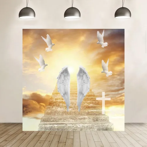 Vista 14 de Telón de fondo del cielo de 5x3 pies Puerta del cielo Puerta del paraíso Fondo fotográfico para niños, alfombra de baby shower, pancarta
