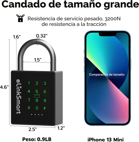 Vista 2 de eLinkSmart Candado inteligente resistente con llave, bloqueo de almohadilla con teclado de código, resistente a la intemperie, Bluetooth RFID