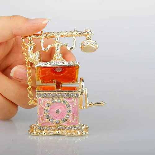 Vista 8 de SEVENBEES Figuras de teléfono turquesa, caja esmaltada con bisagras con cristales rosados, joyeros decorativos, coleccionables, regalos para niñas