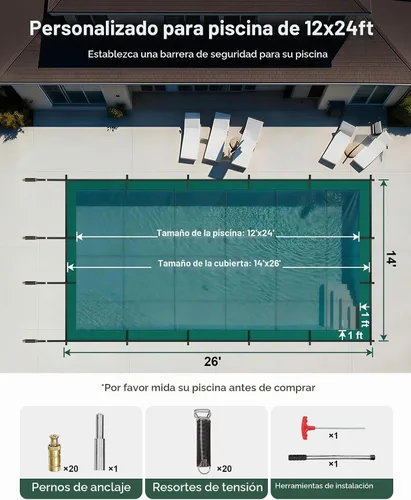 Vista 2 de VEVOR - Funda de seguridad para piscina de 12 x 24 pies, cubierta rectangular de seguridad para piscina subterránea de malla verde, cubierta